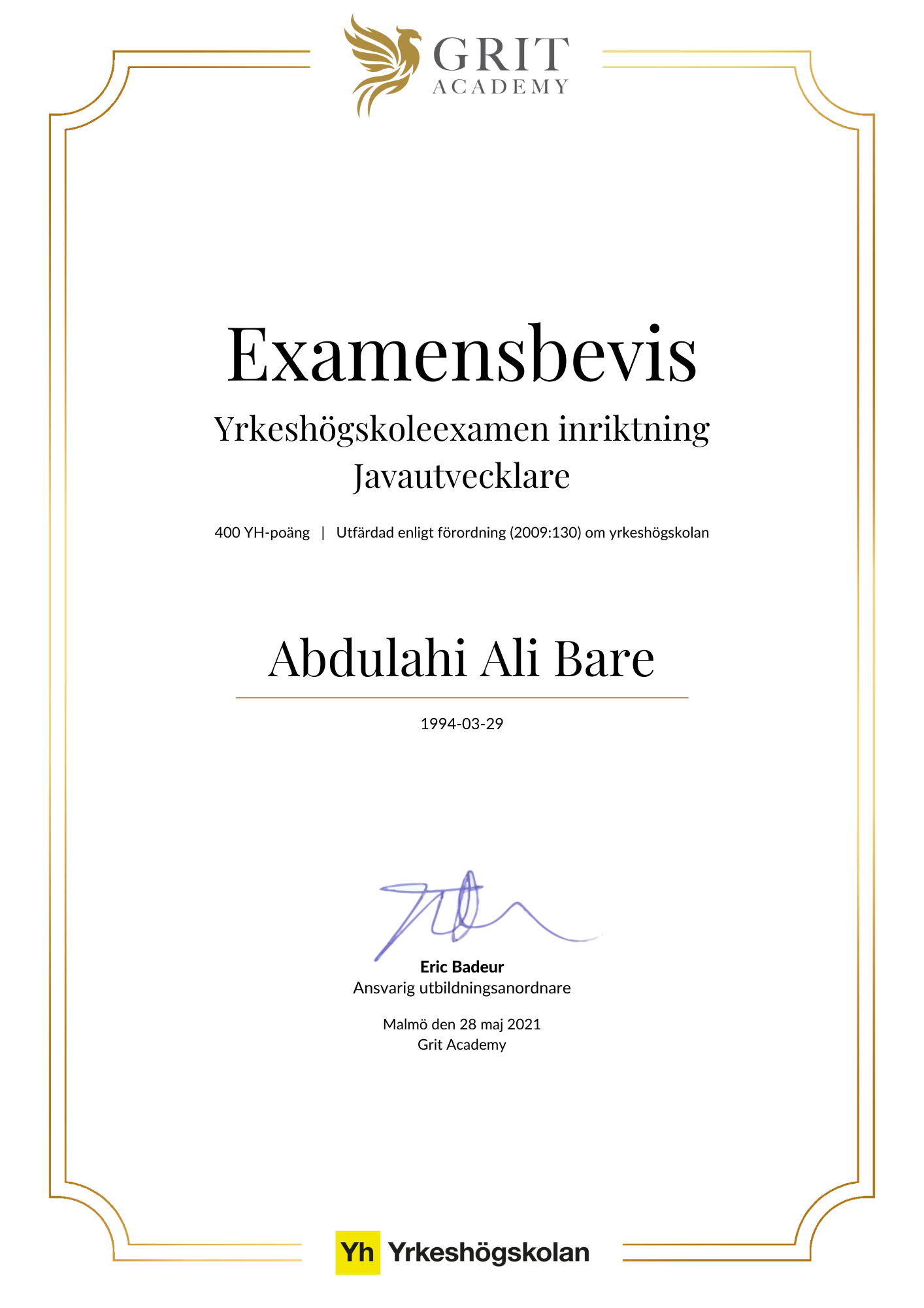 Examensbevis Abdulahi Ali Bare - 1