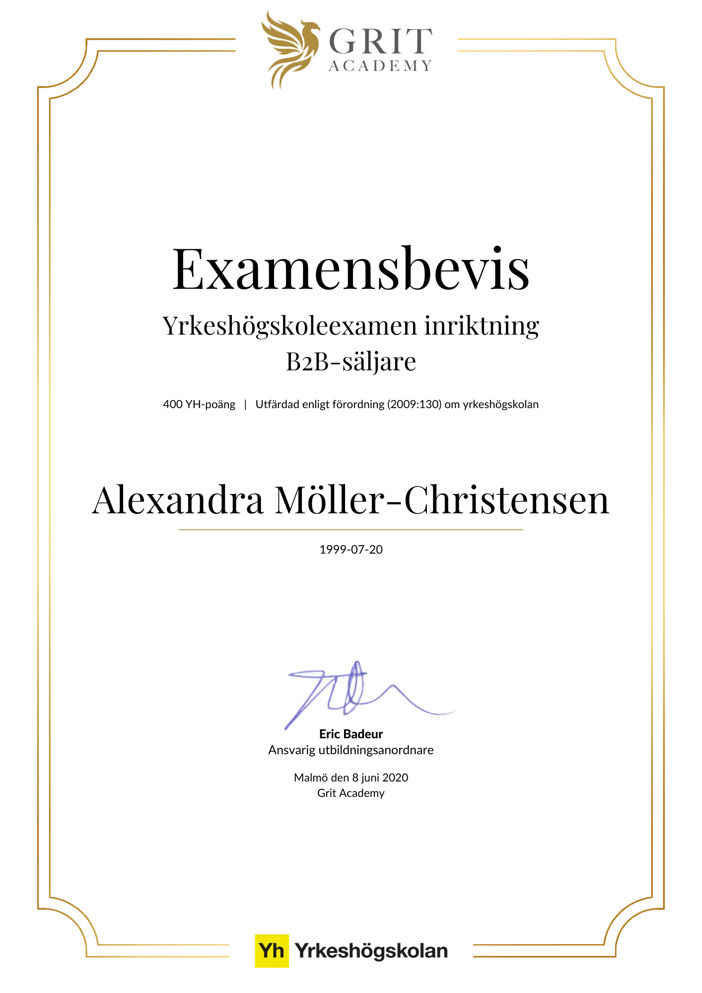 Examensbevis Alexandra Möller-Christensen - 1