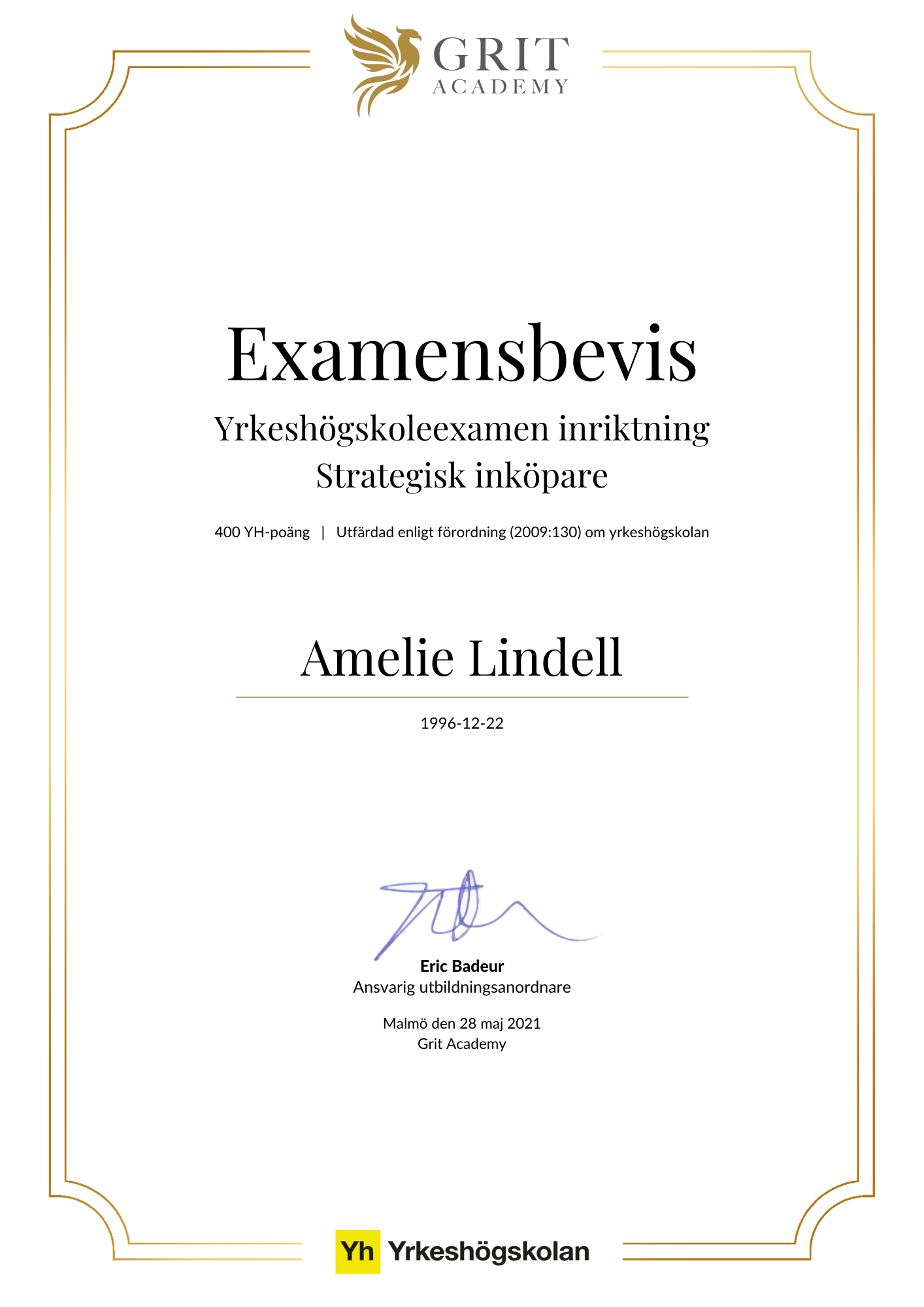 Examensbevis Amelie Lindell - 1