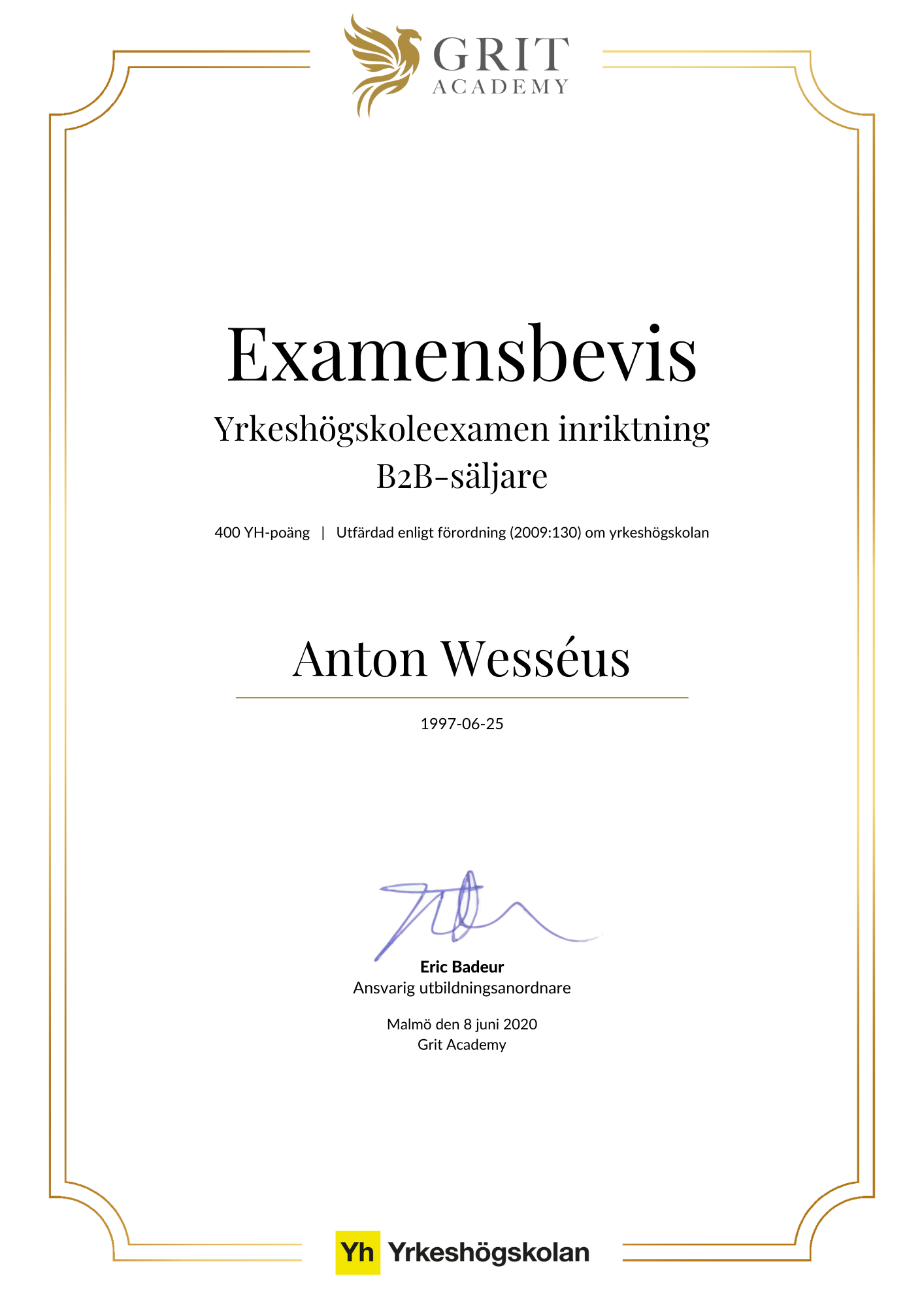 Examensbevis Anton Wesséus - 1