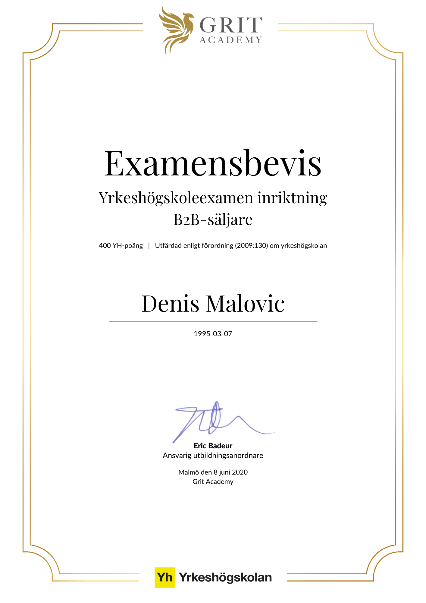 Examensbevis Denis Malovic - 1
