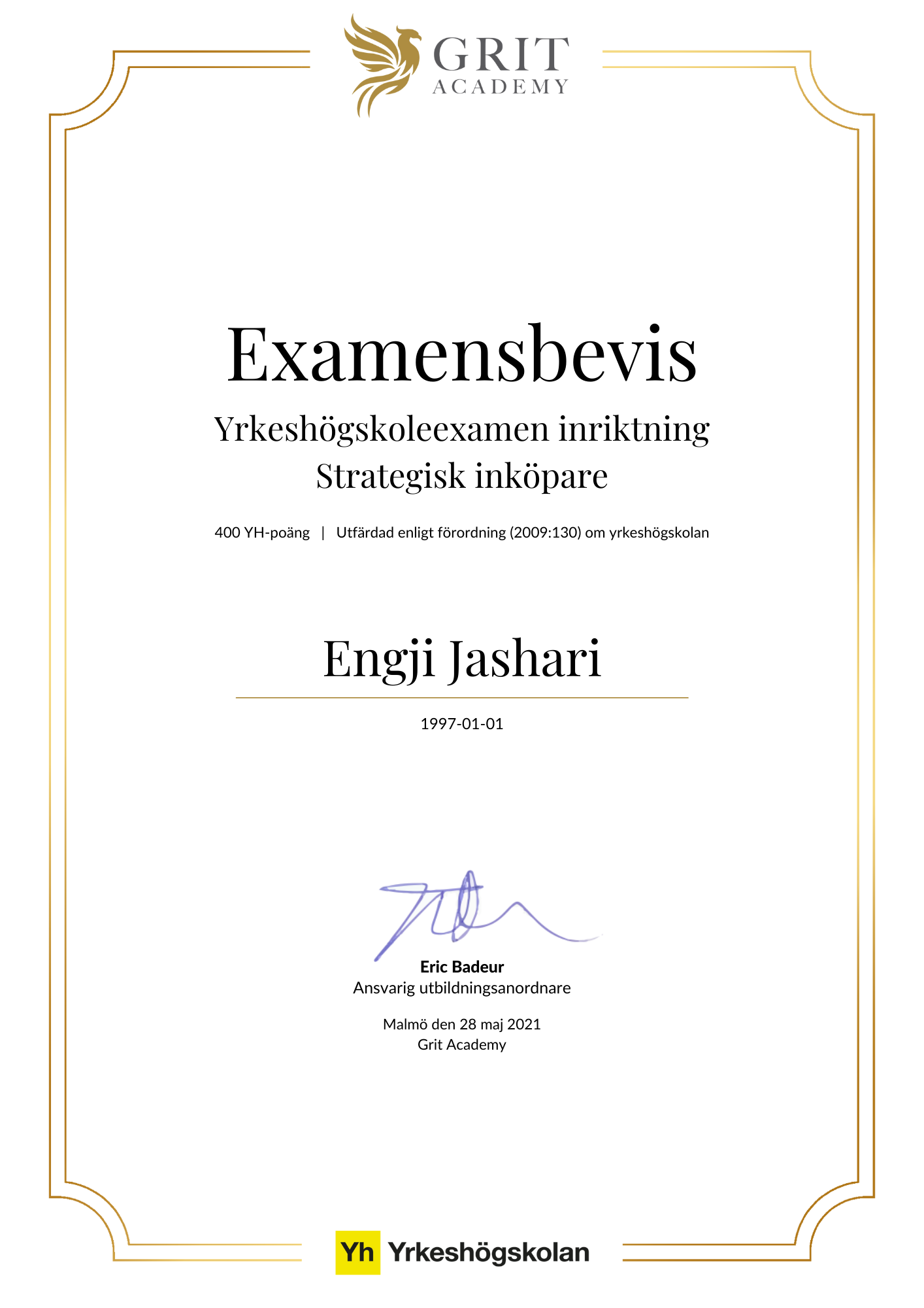 Examensbevis Engji Jashari - 1