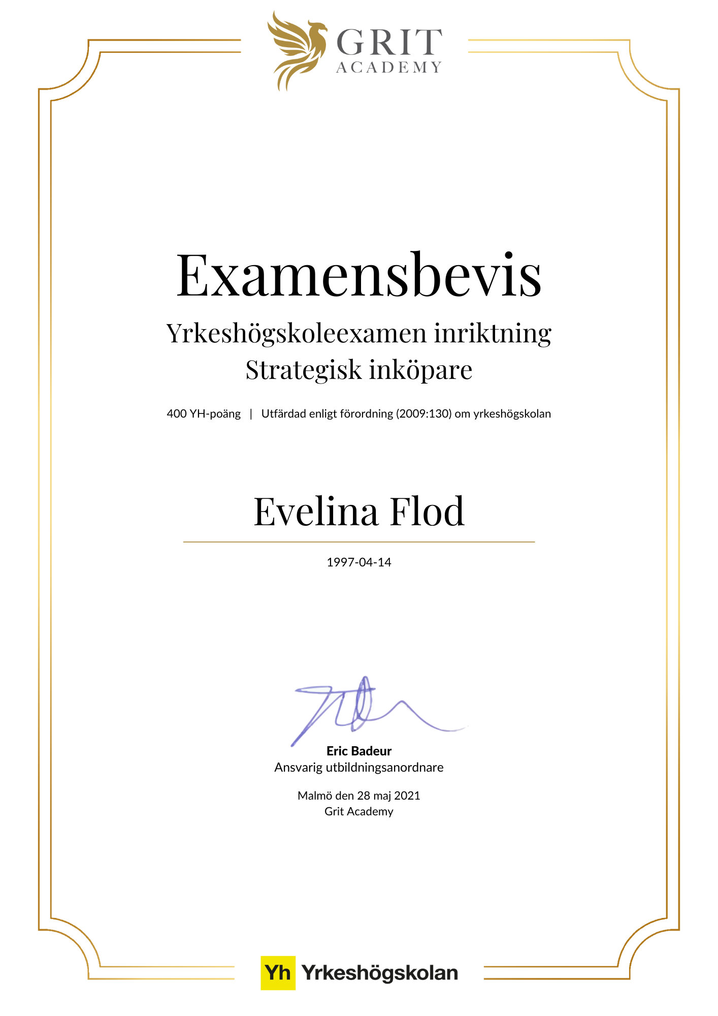 Examensbevis Evelina Flod - 1