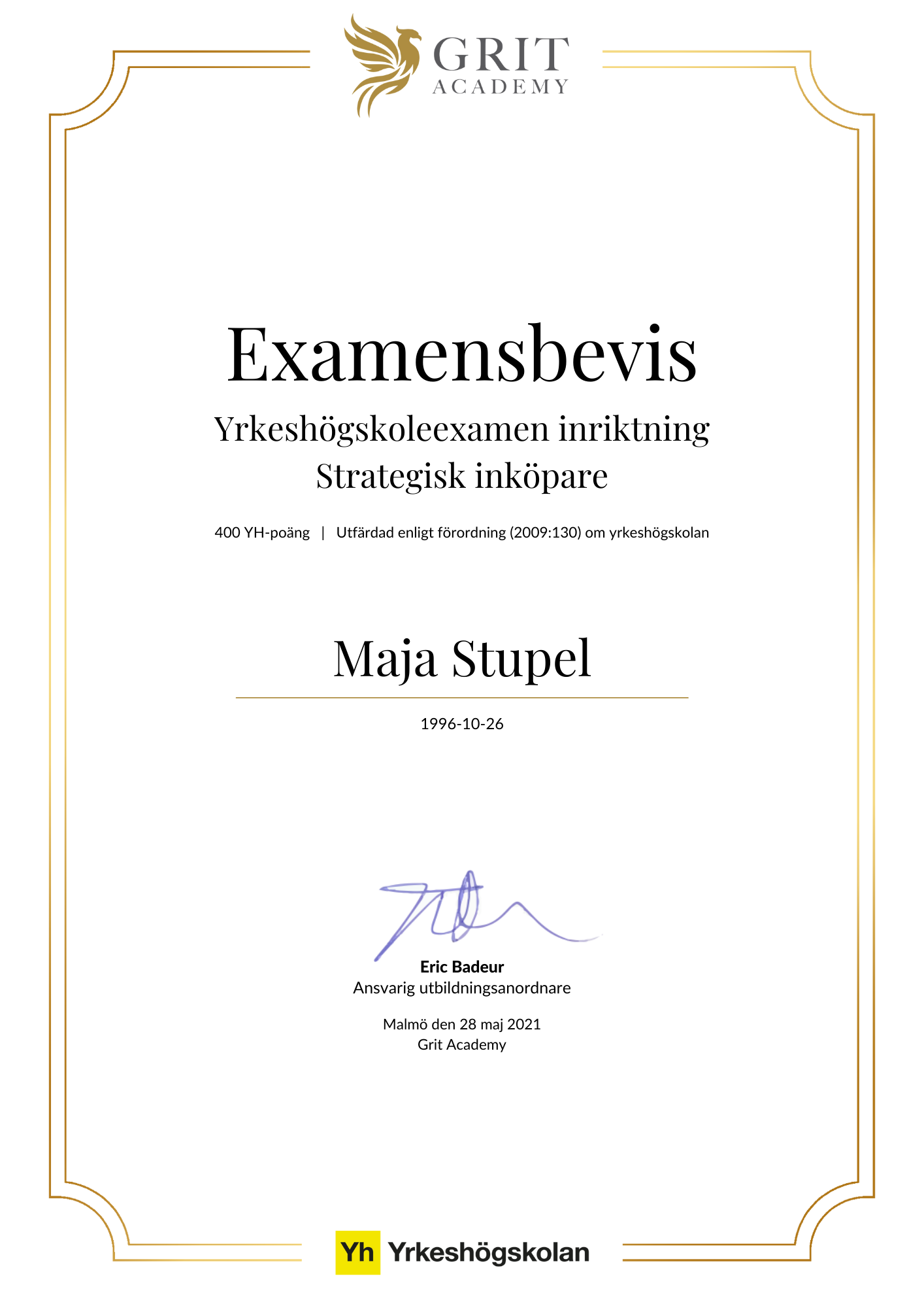 Examensbevis Maja Stupel - 1