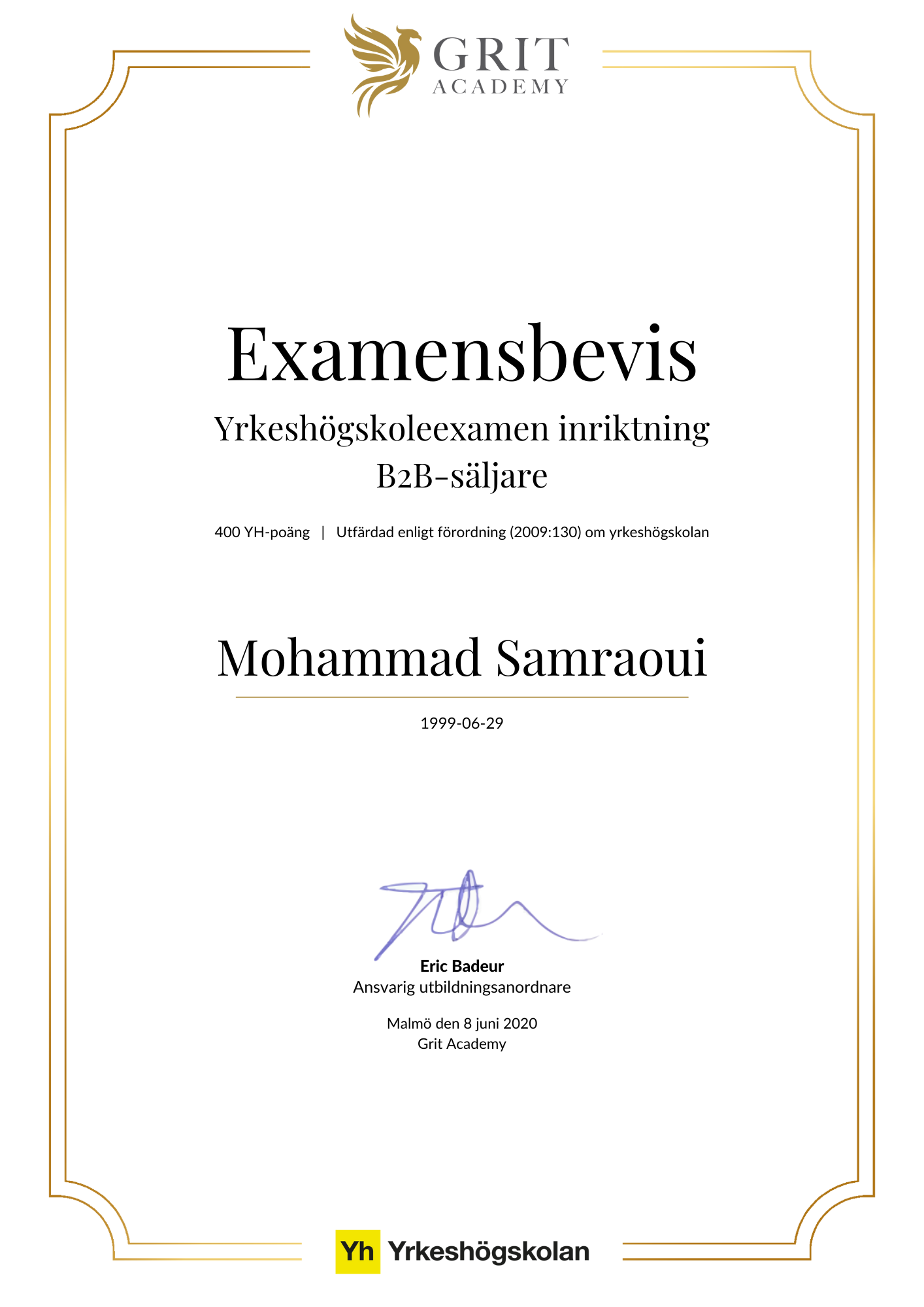 Examensbevis Mohammad Samraoui - 1