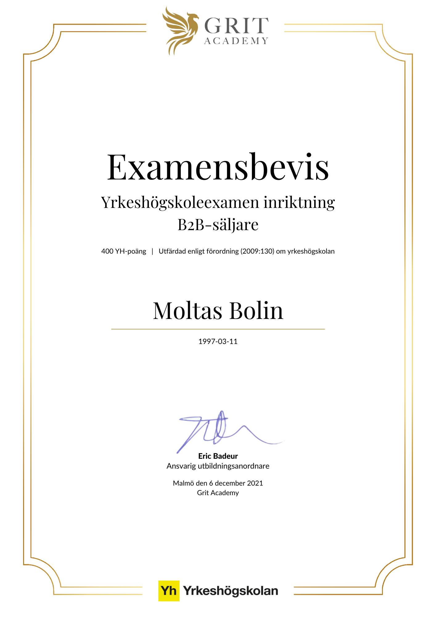 Examensbevis Moltas Bolin - 1
