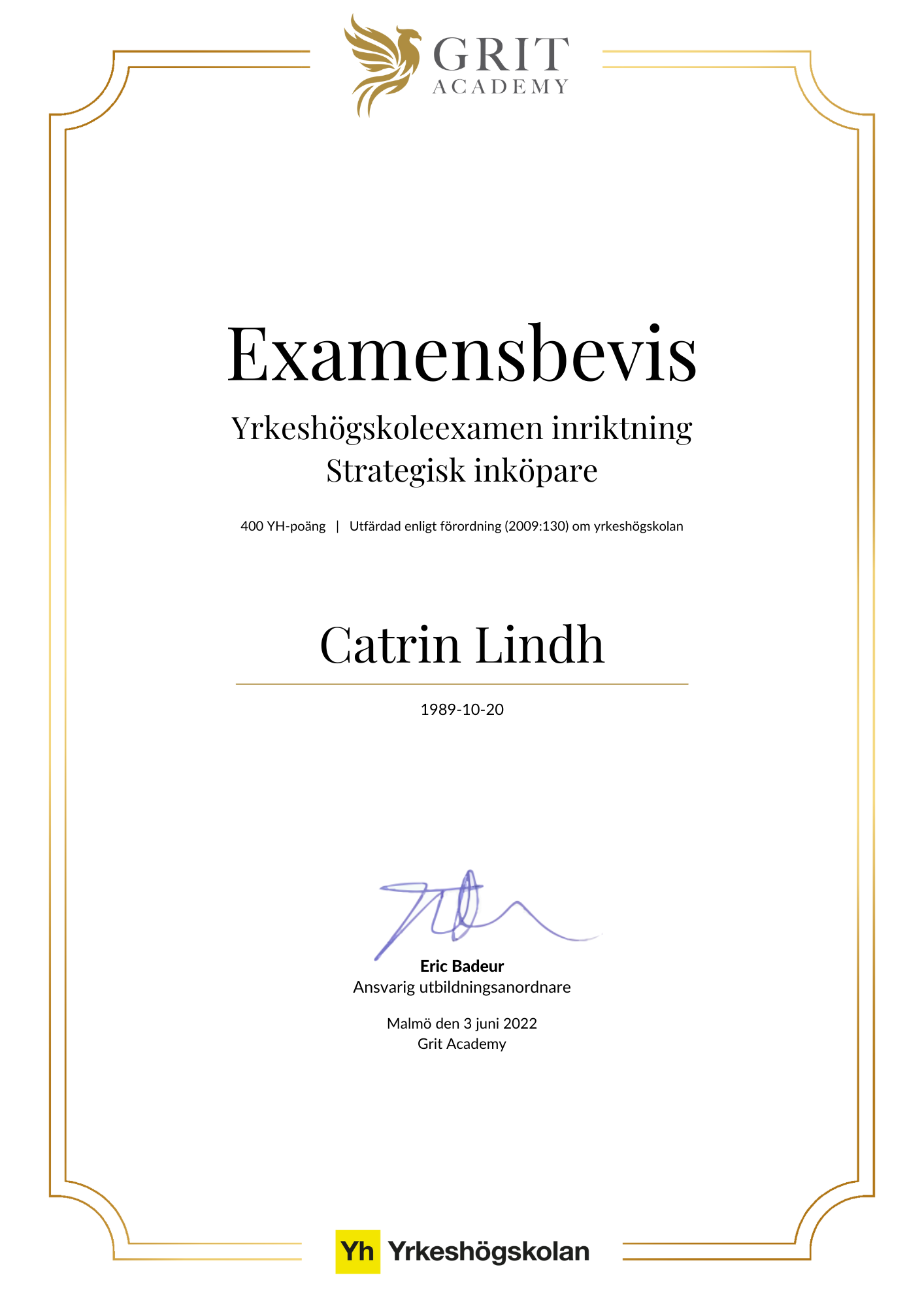 Examensbevis Catrin Lindh - 1