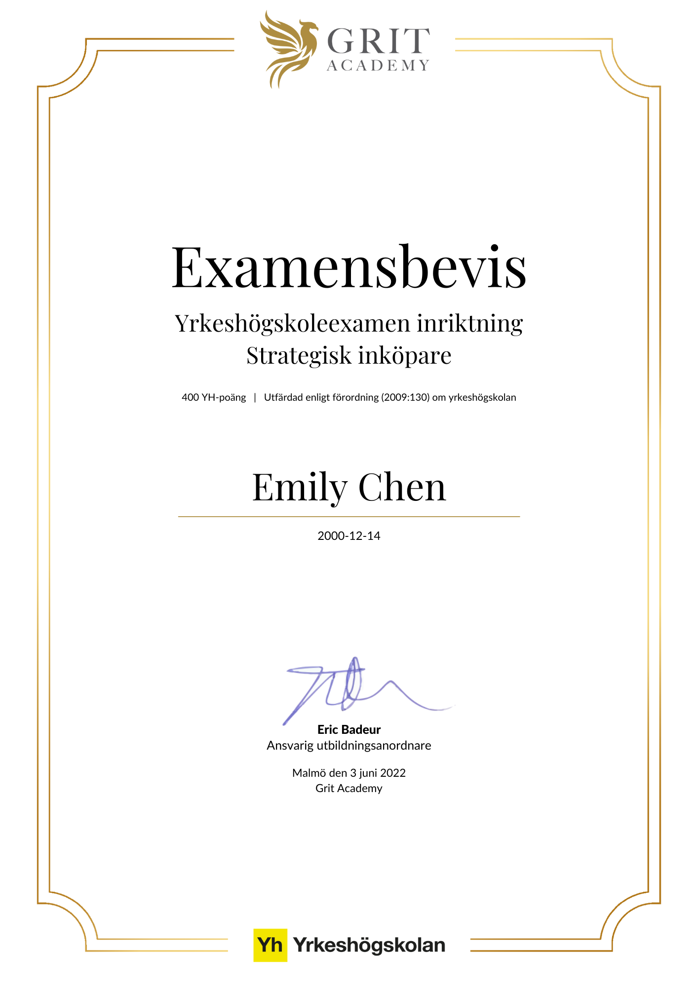 Examensbevis Emily Chen - 1