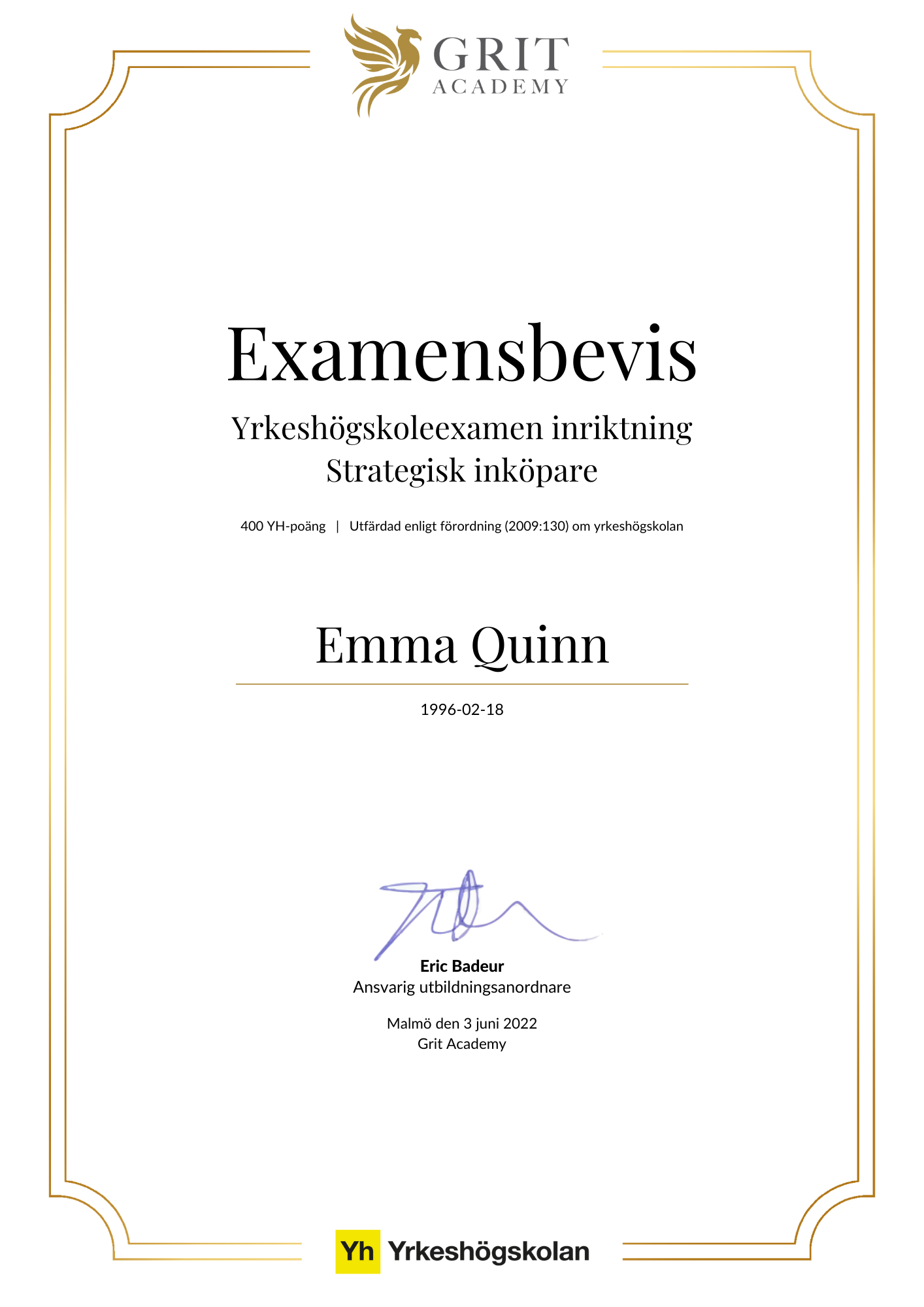 Examensbevis Emma Quinn - 1
