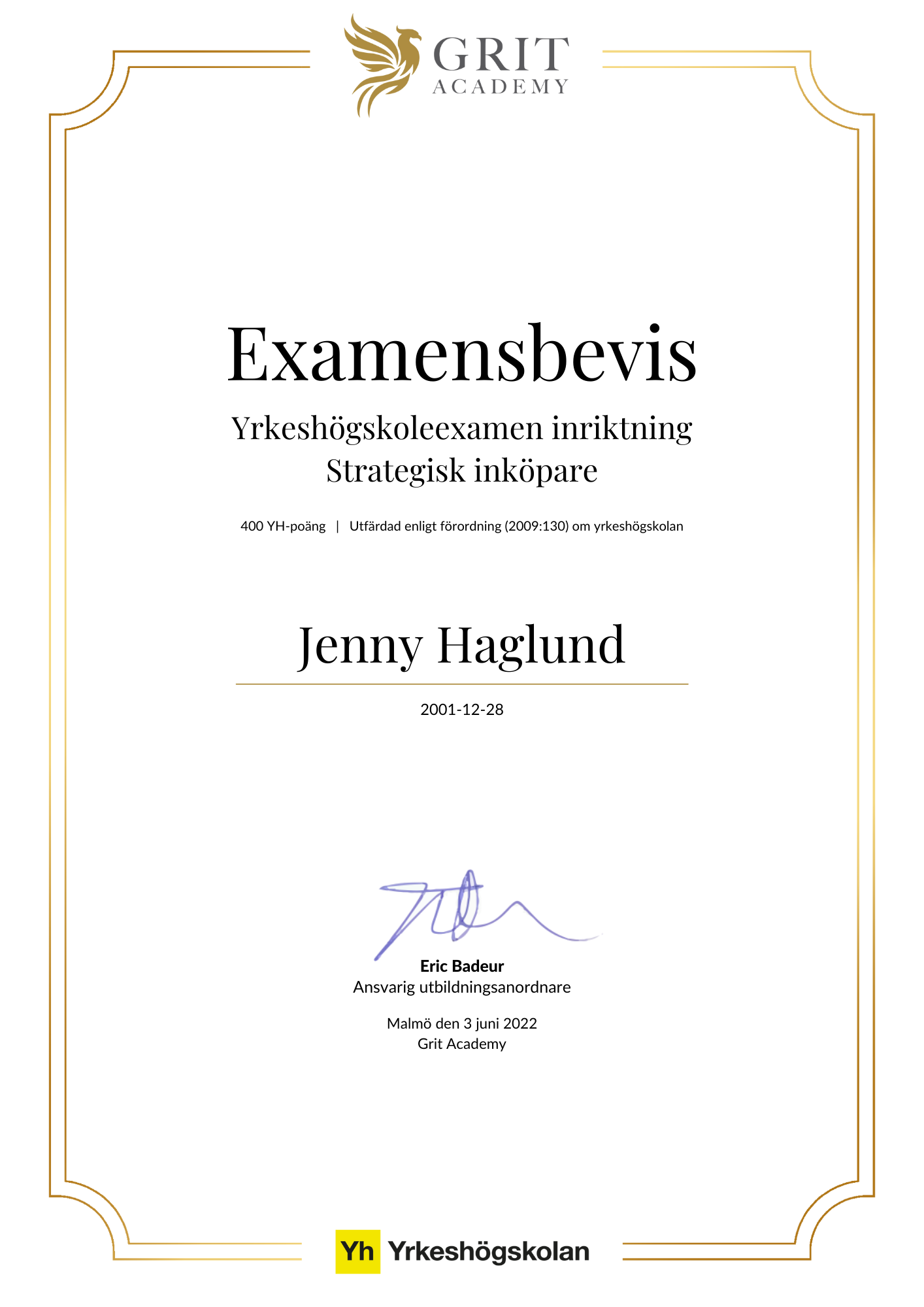 Examensbevis Jenny Haglund - 1