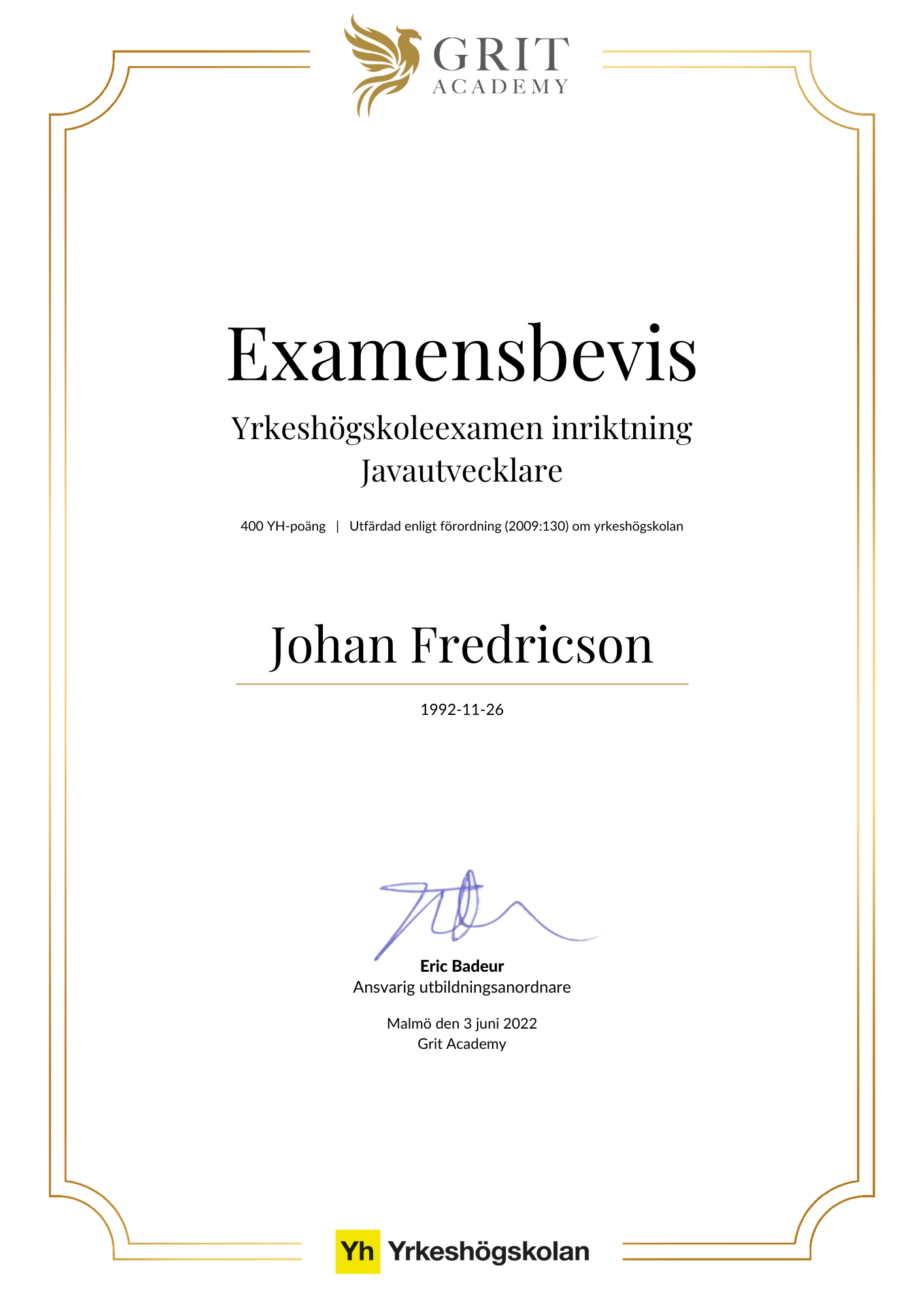 Examensbevis Johan Fredricson - 1
