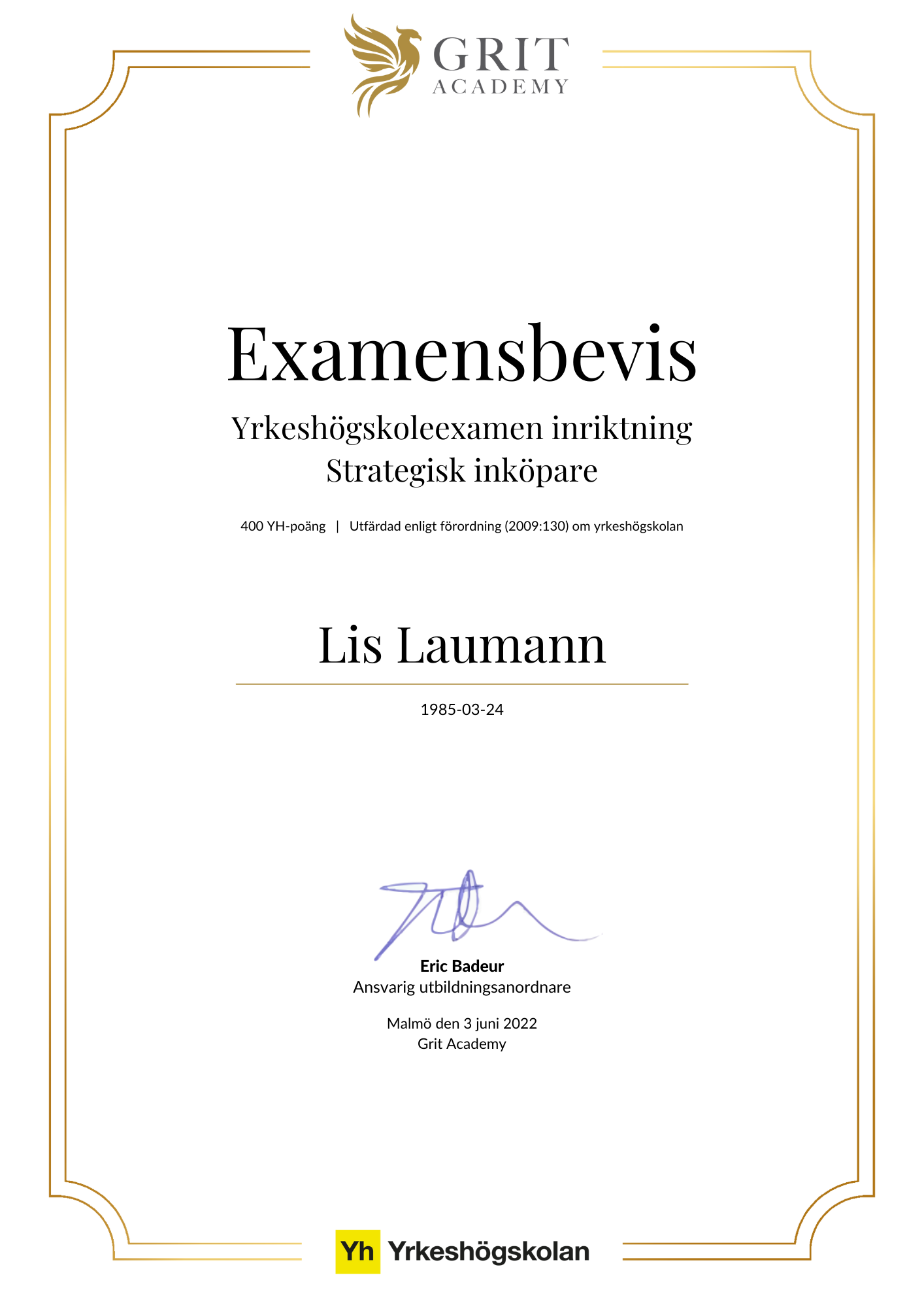 Examensbevis Lis Laumann - 1