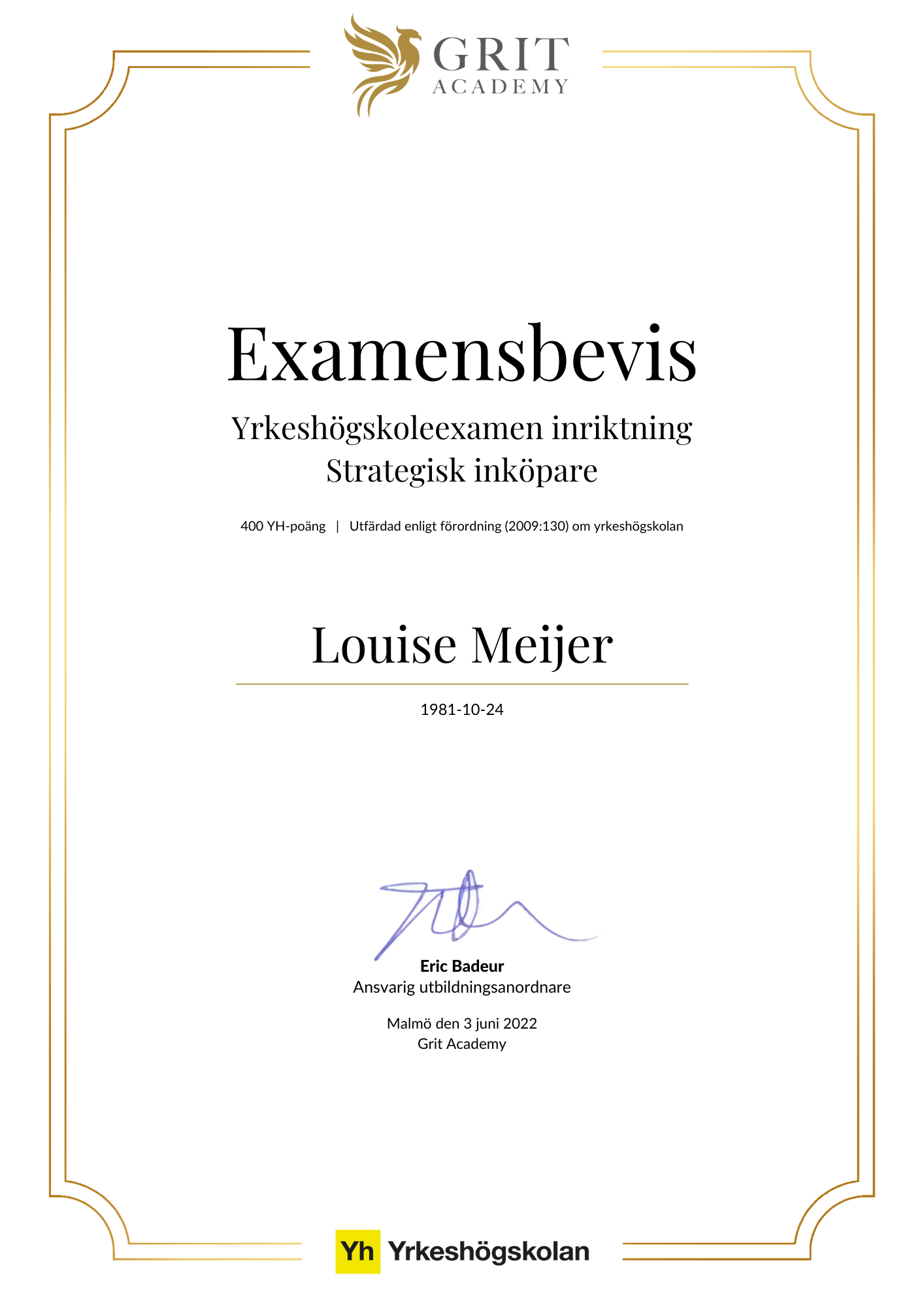 Examensbevis Louise Meijer - 1
