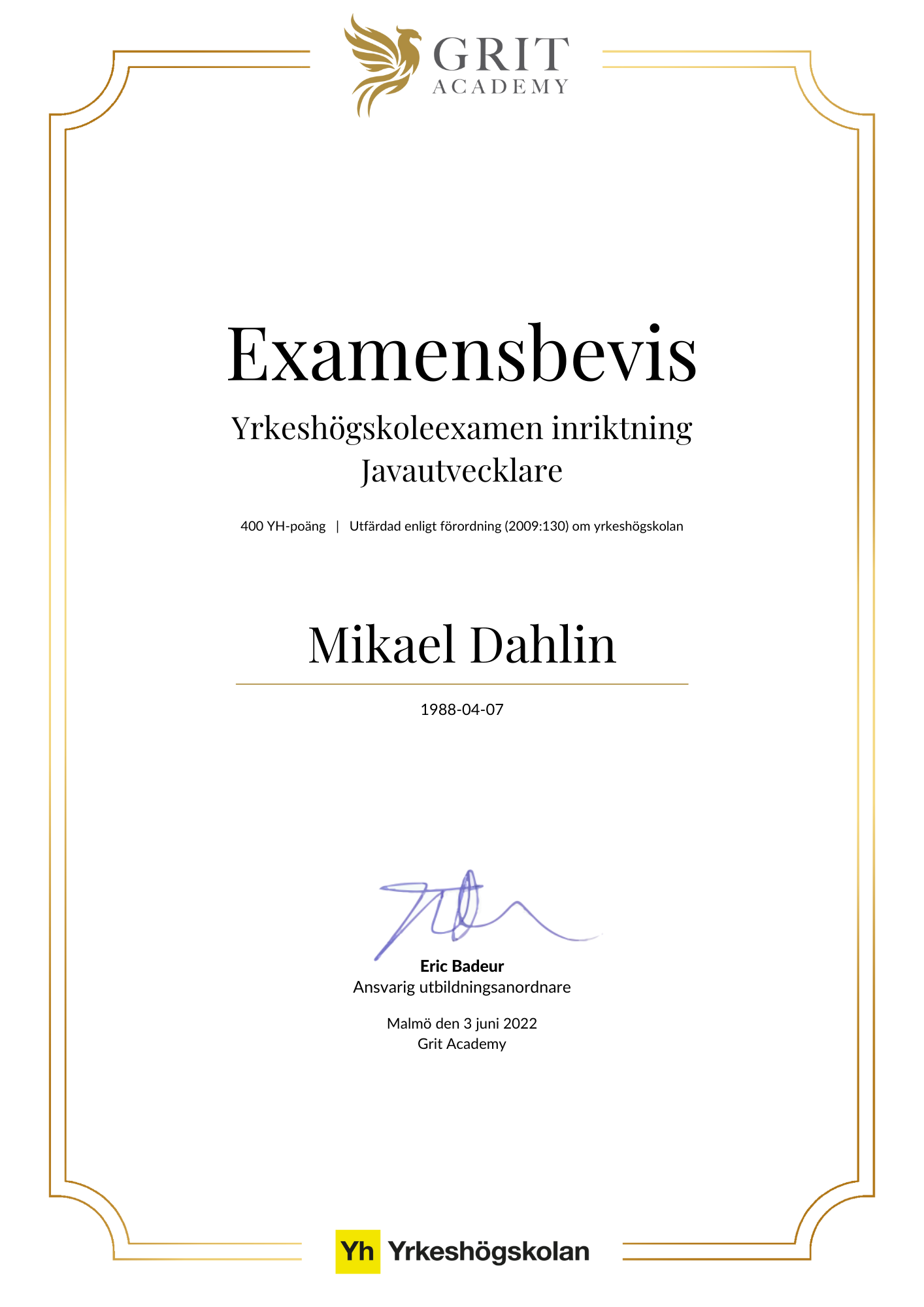 Examensbevis Mikael Dahlin - 1
