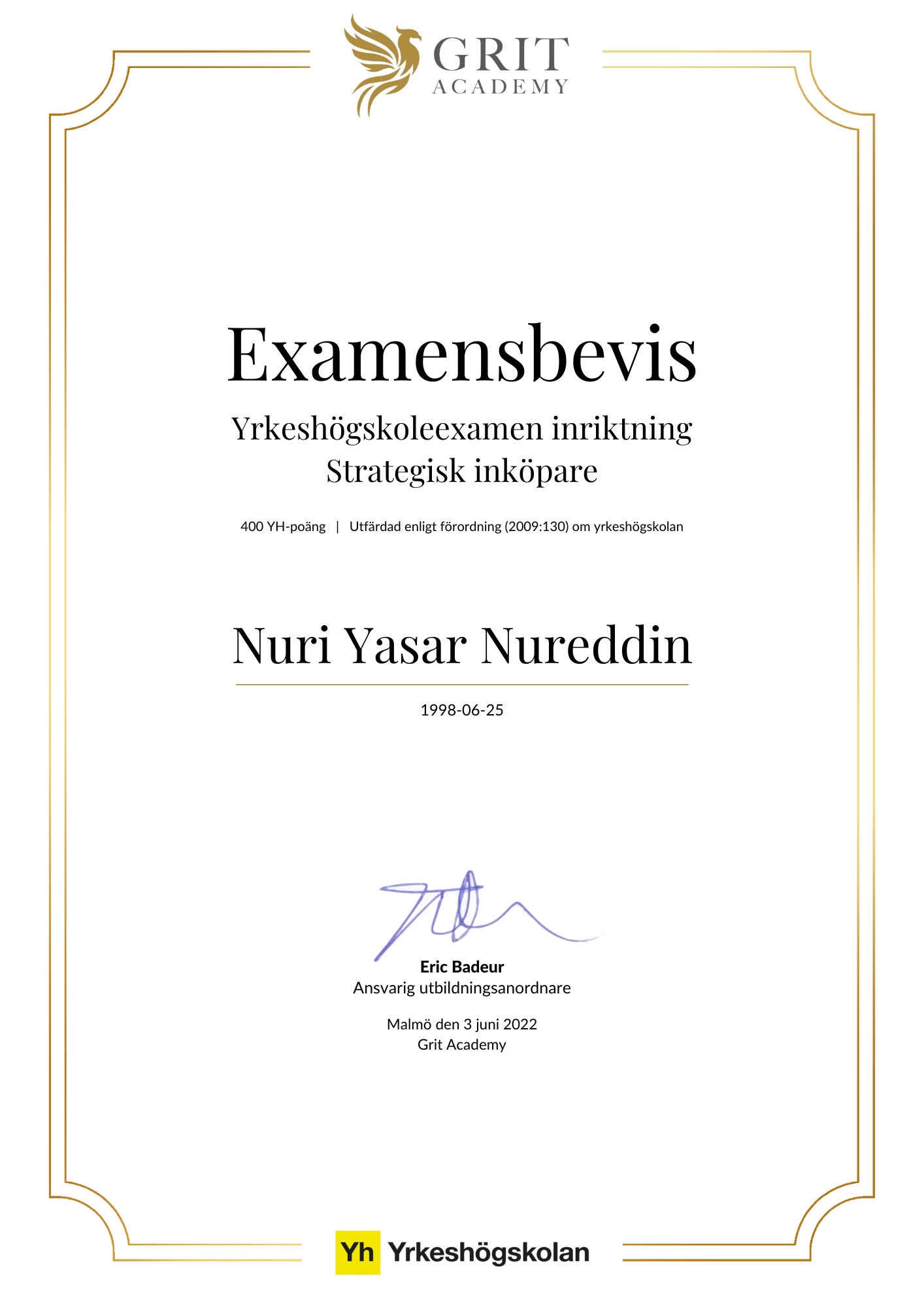Examensbevis Nuri Yasar Nureddin - 1