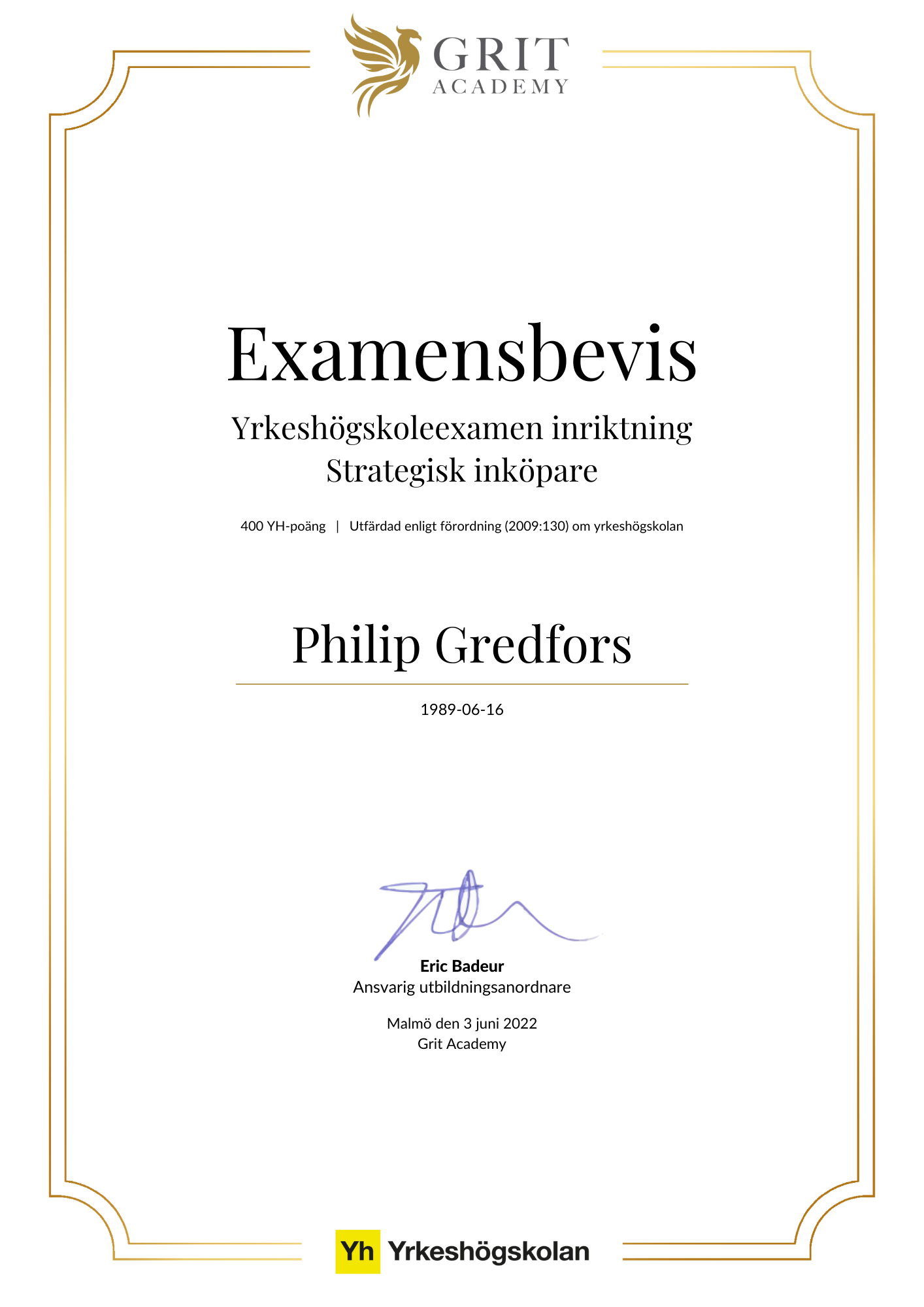 Examensbevis Philip Gredfors - 1