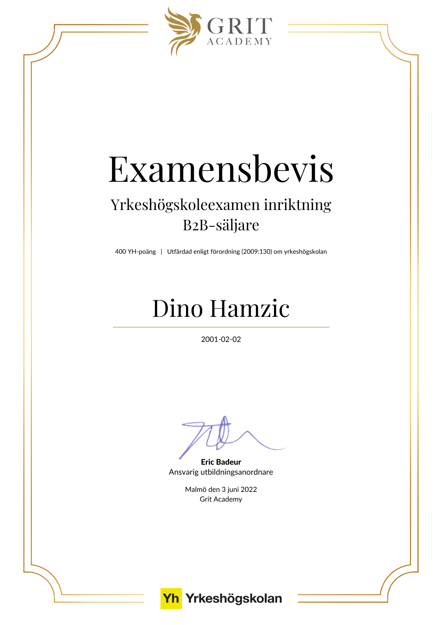 Examensbevis Dino Hamzic