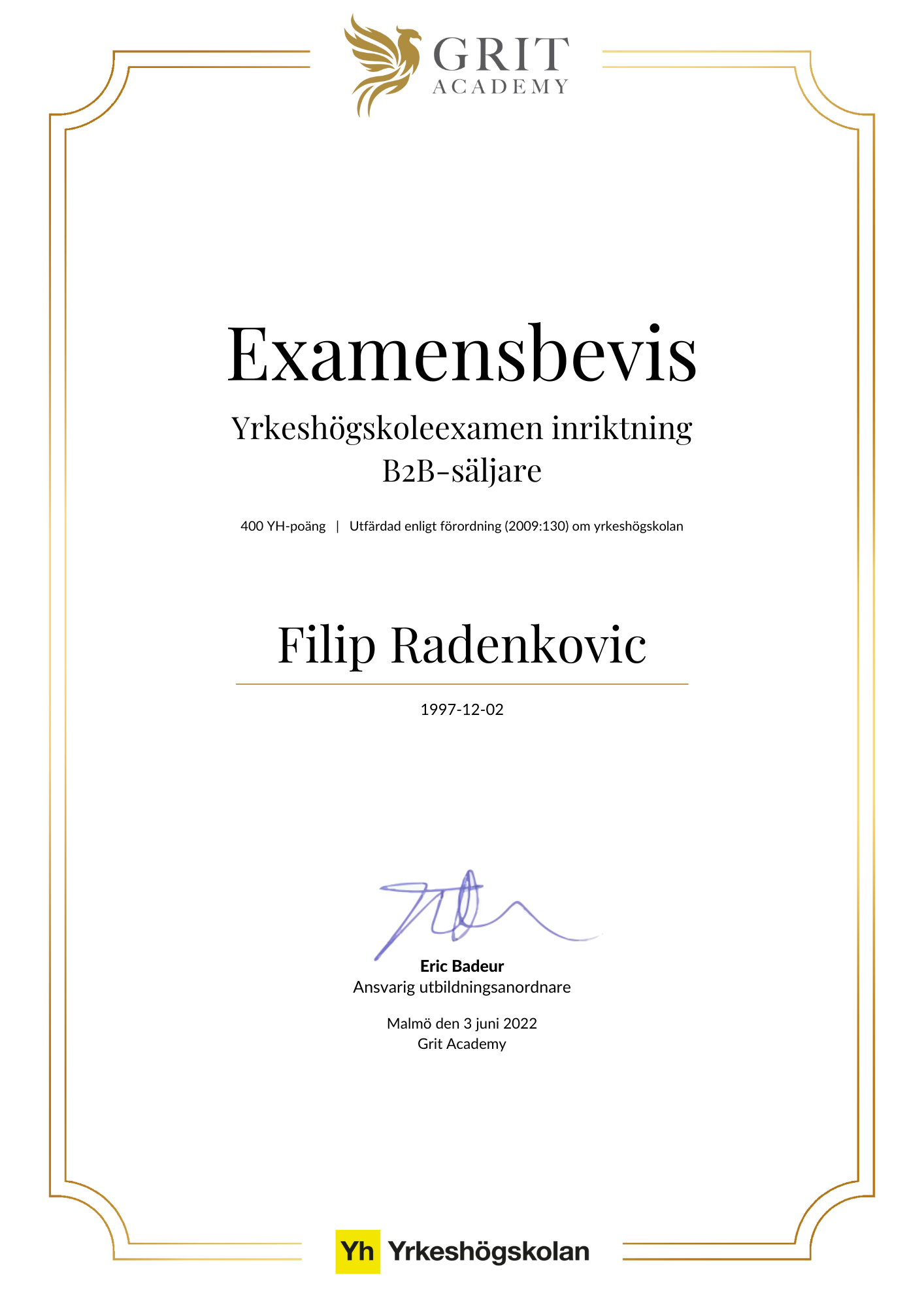 Examensbevis Filip Radenkovic