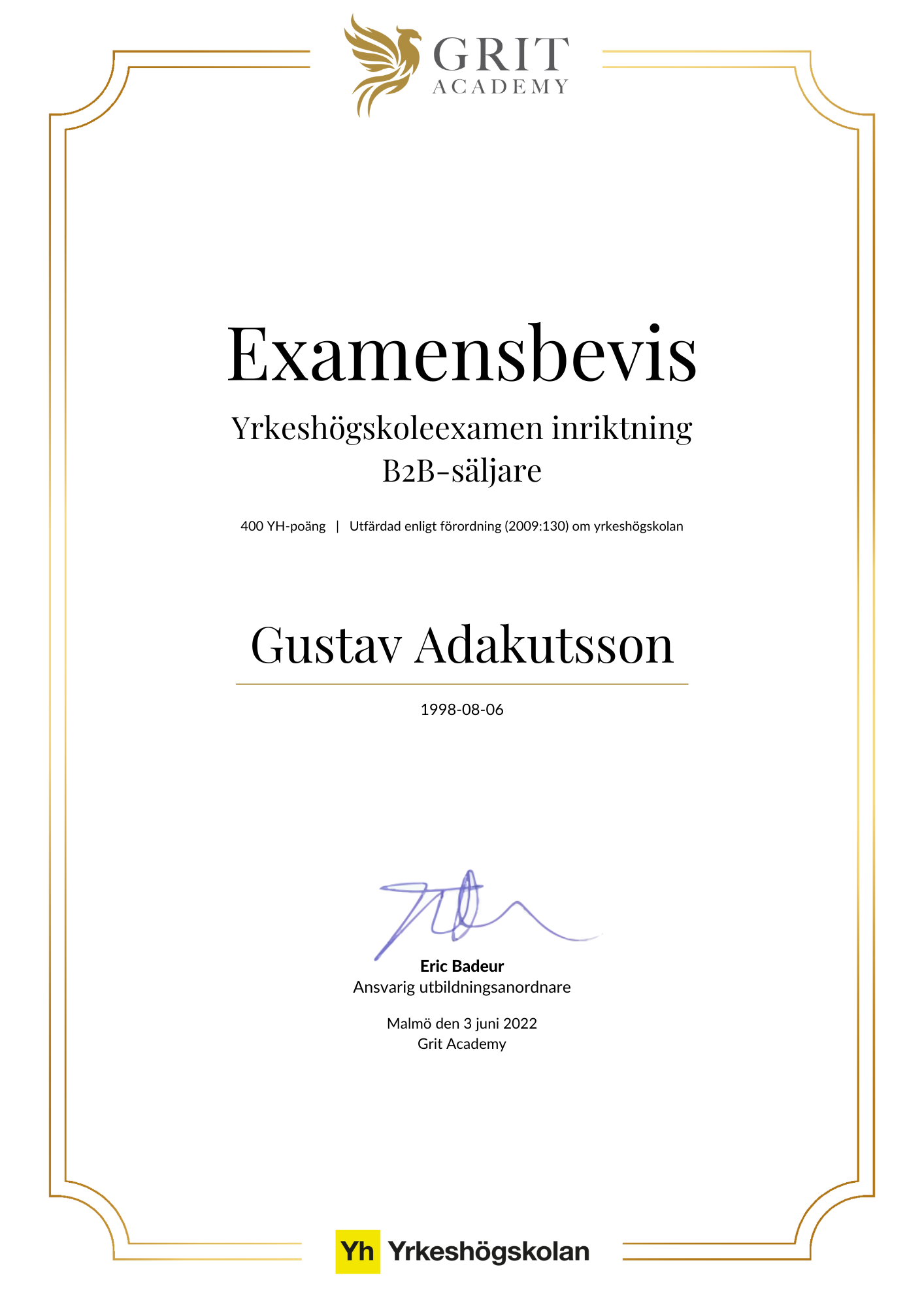 Examensbevis Gustav Adakutsson
