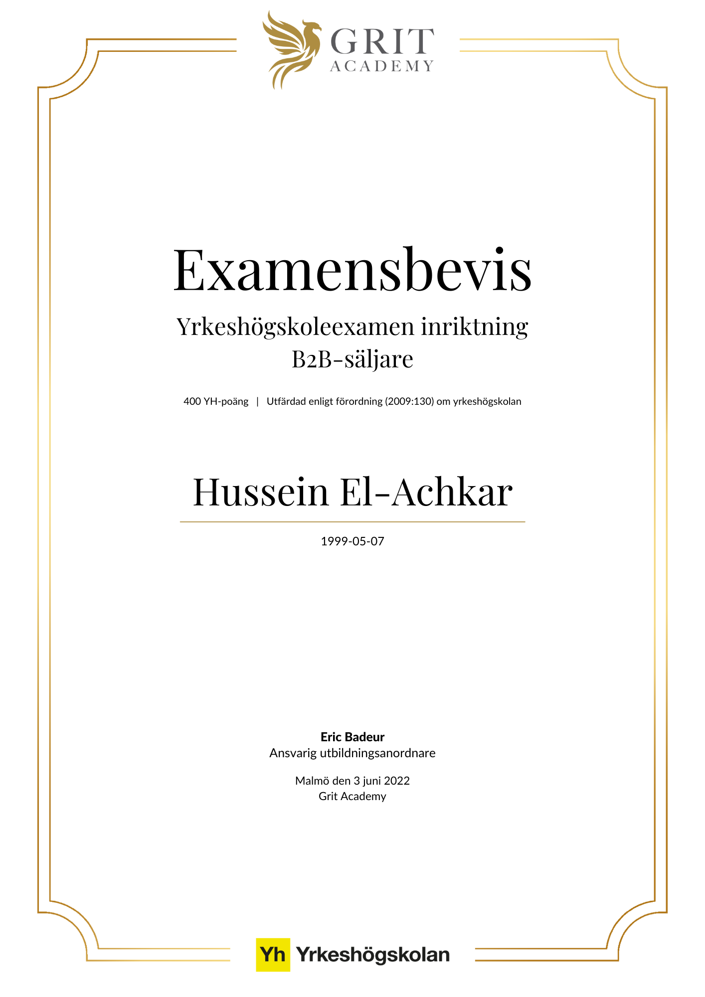 Examensbevis Hussein El-Achkar - 1