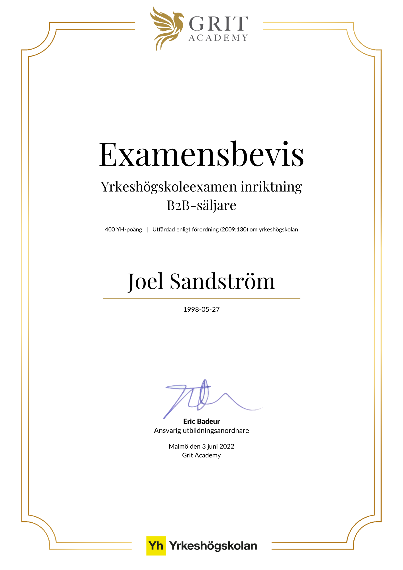 Examensbevis Joel Sandström