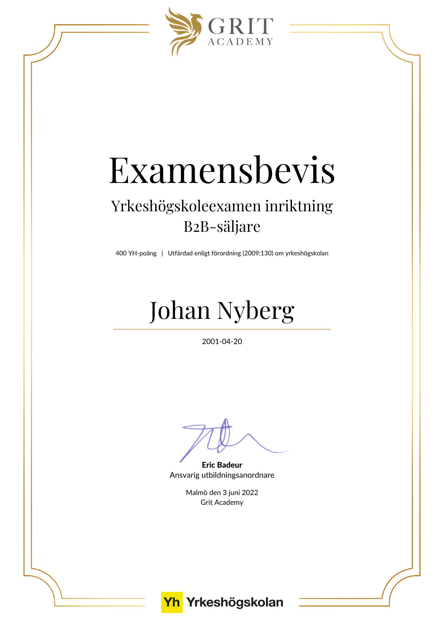Examensbevis Johan Nyberg