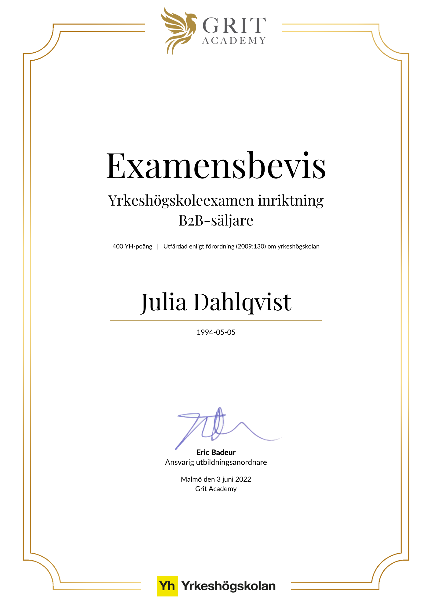 Examensbevis Julia Dahlqvist