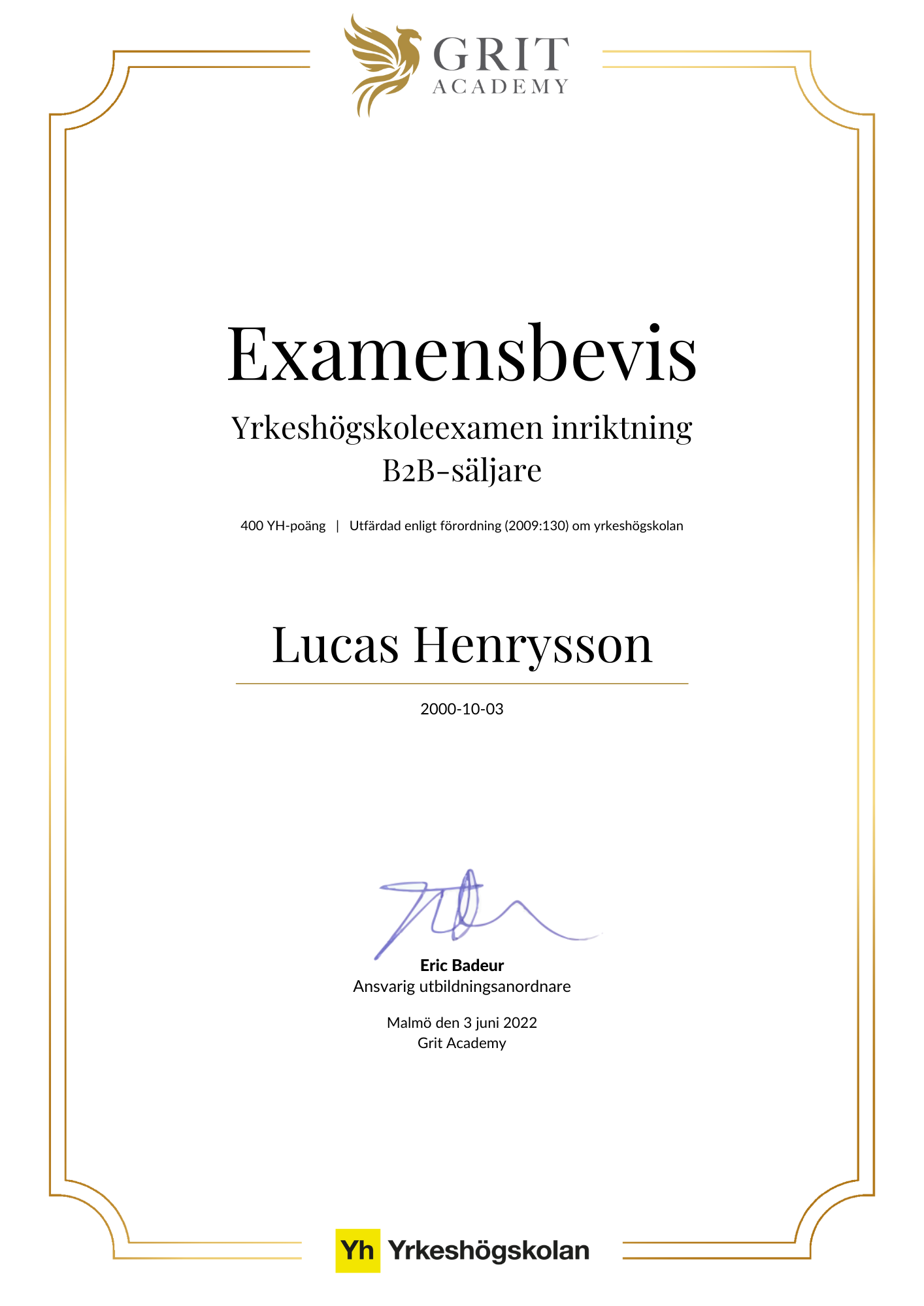 Examensbevis Lucas Henrysson - 1