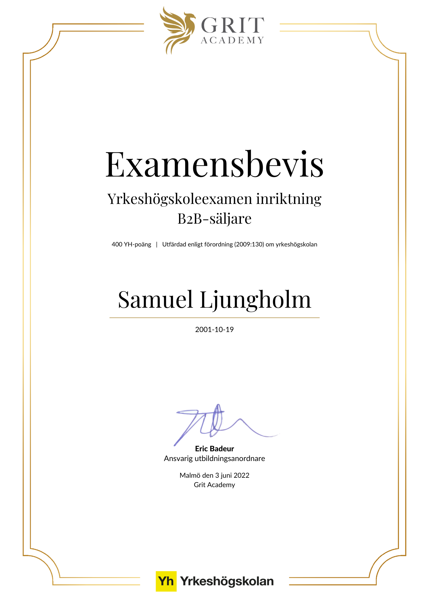 Examensbevis Samuel Ljungholm - 1